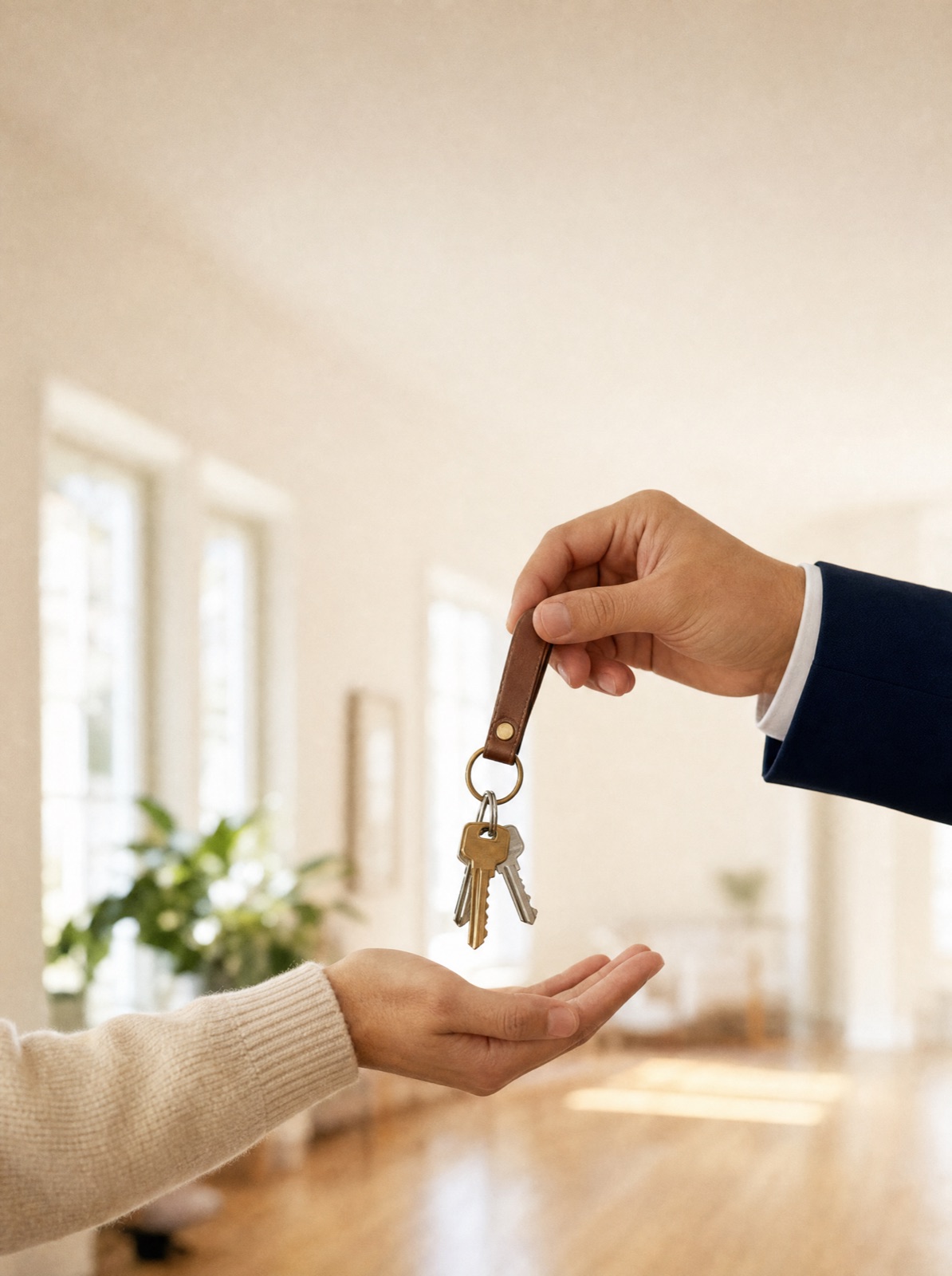 An advisor handing the keys to a new home into a buyer's open hand