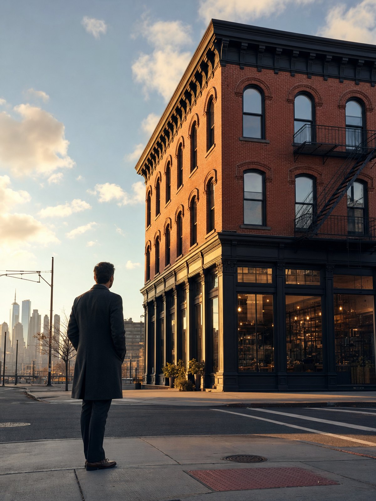 An investor on the sidewalk looking up at a restored brick mixed-use building in Jersey City at golden hour