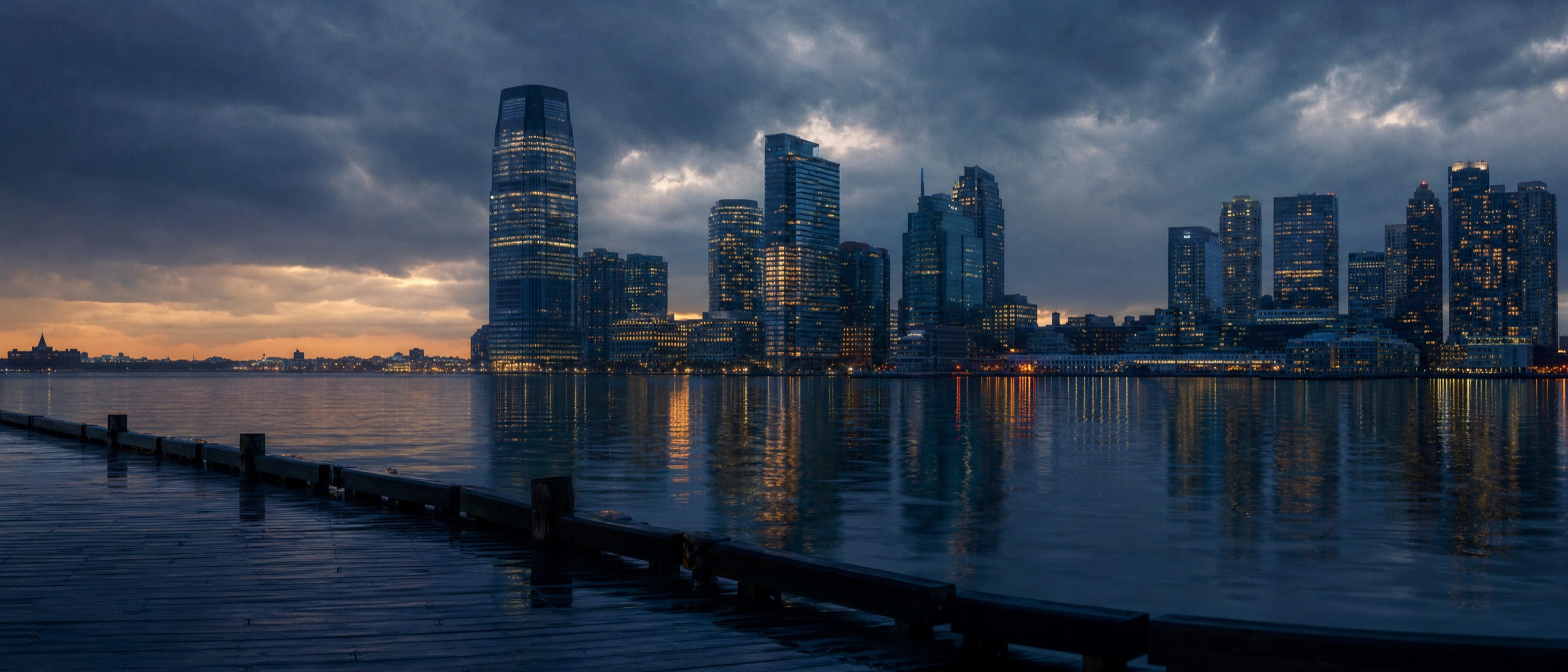 Jersey City skyline across the Hudson River at dusk
