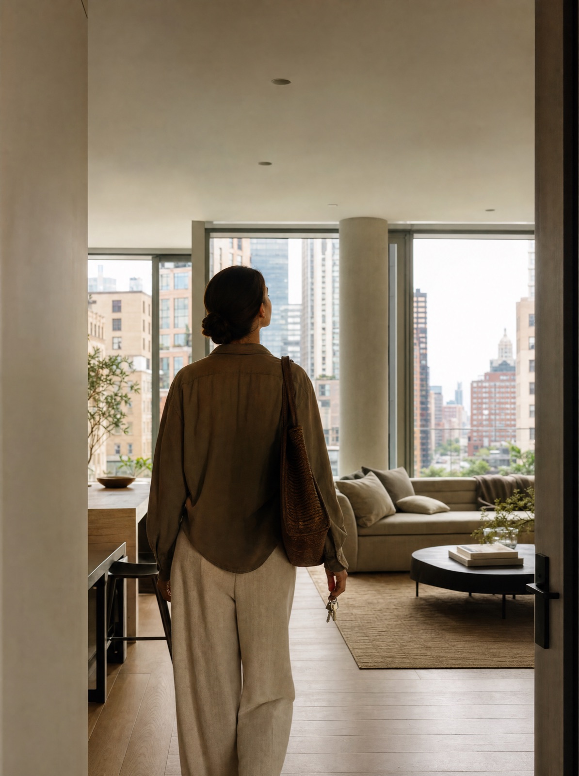 A renter stepping into a bright modern apartment for the first time, keys in hand