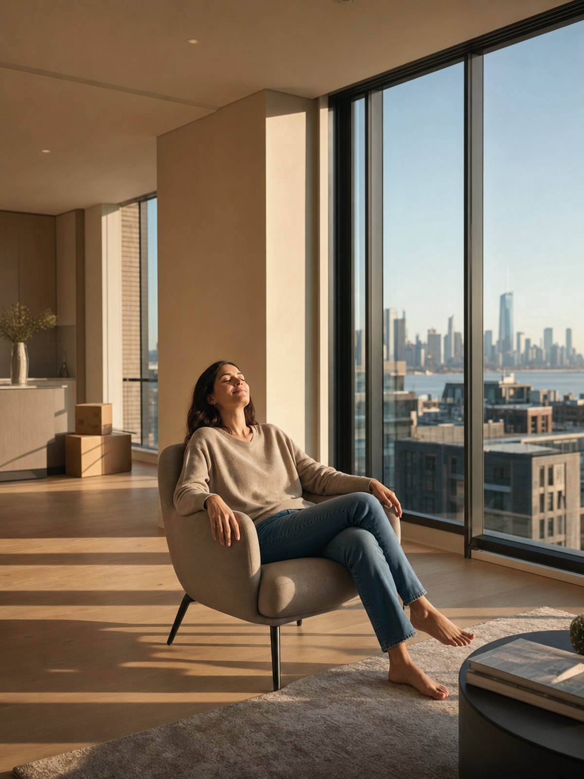 A homeowner sinking into an armchair by a sunlit floor-to-ceiling window in a nearly empty modern living room, eyes closed, quietly relieved now that the sale is done