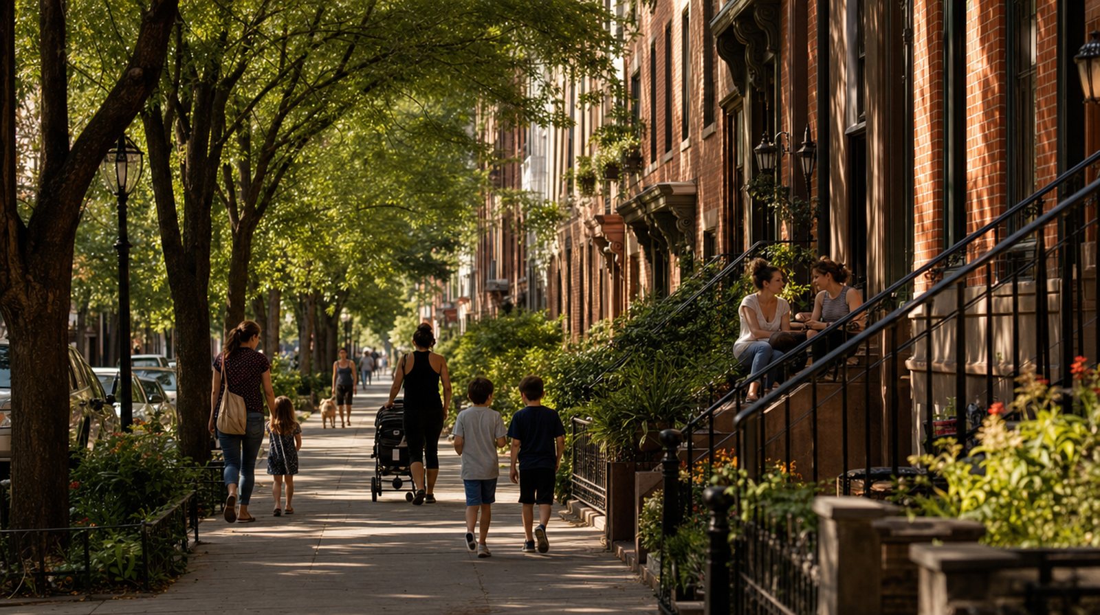 A tree-lined brownstone block in Hoboken in late-afternoon light, with parents, children and neighbors going about their day