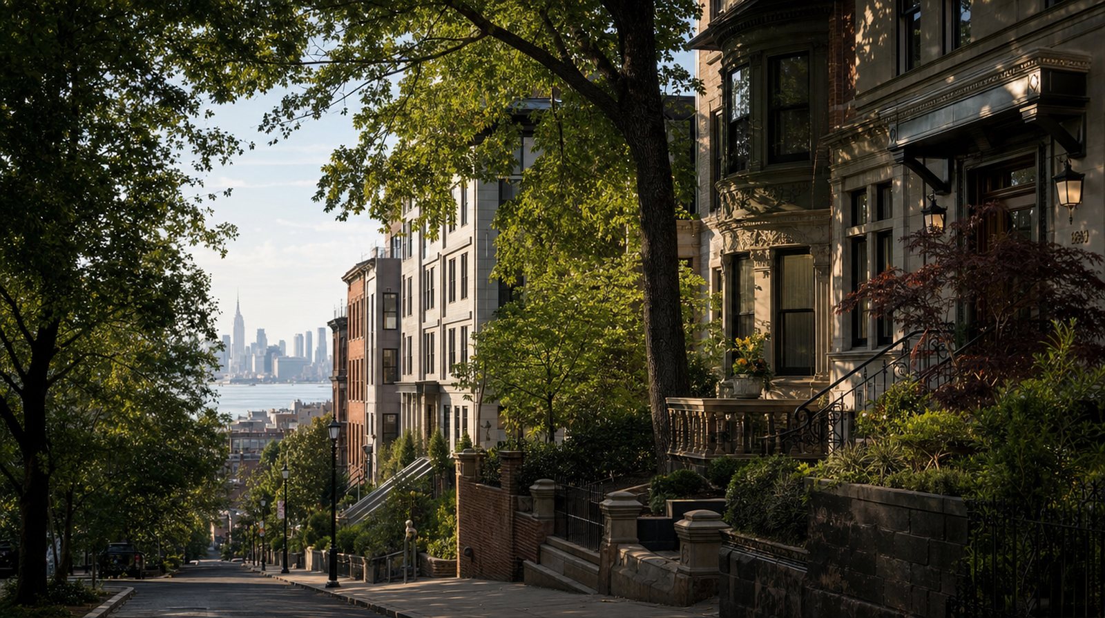 A quiet, tree-lined brownstone street on the Hudson County Palisades with a soft glimpse of the Manhattan skyline beyond
