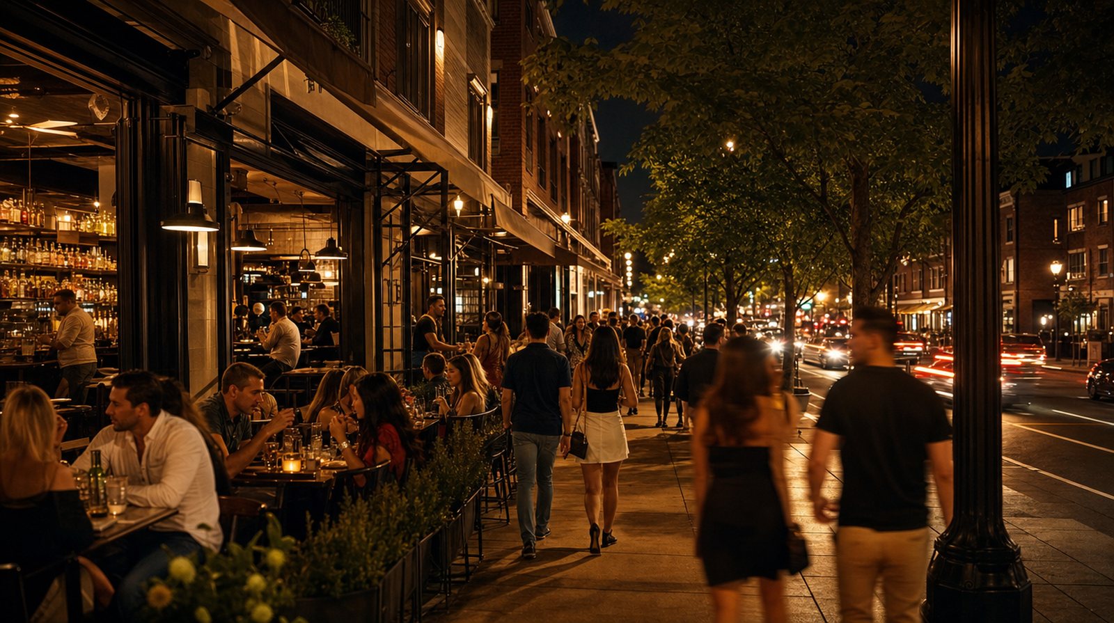 A Hoboken restaurant block at night, outdoor tables full and friends walking the sidewalk under warm amber light